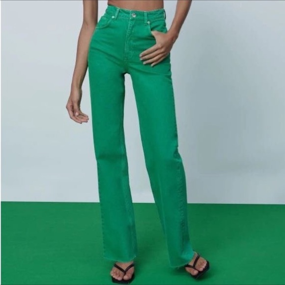 Zara Jeans Zara Green Raw Hem High Rise Straight Leg Button Fly